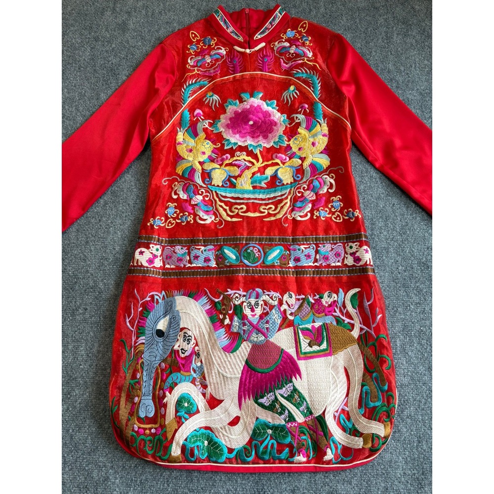 NWT Yifuni Red Chinese Qipao Style Dress Embroidered Peony Horse Silk Sz M